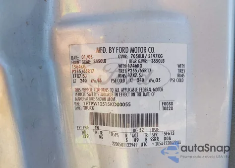 2005 Ford F-150 Lariat/Xlt z USA, uszkodzony, nr VIN 1FTPW12515KD00055